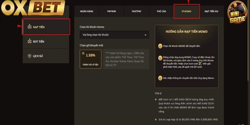 Cách chọn nạp tiền OXBET qua ví điện tử